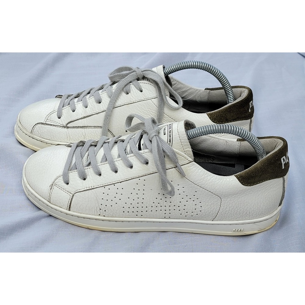 P448 John White Pebbled Leather Low Top Sneakers Olive Green Suede Heel Mens 41